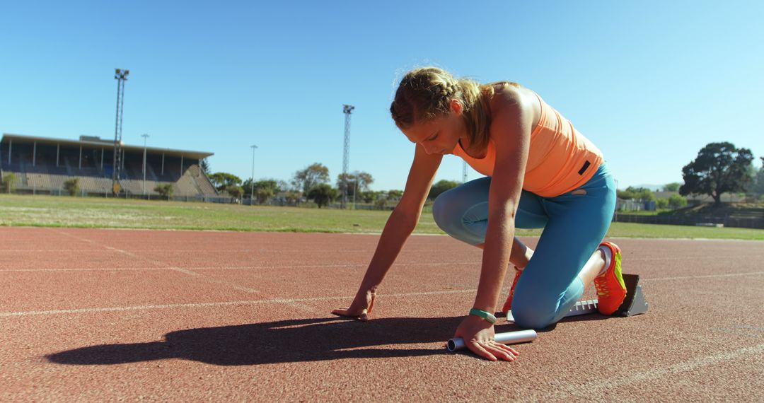 Female athlete preparing for a race in starting position on track - Free Images, Stock Photos and Pictures on Pikwizard.com