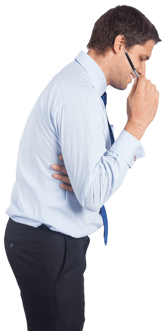 Caucasian Businessman Thinking with Pen on Transparent Background