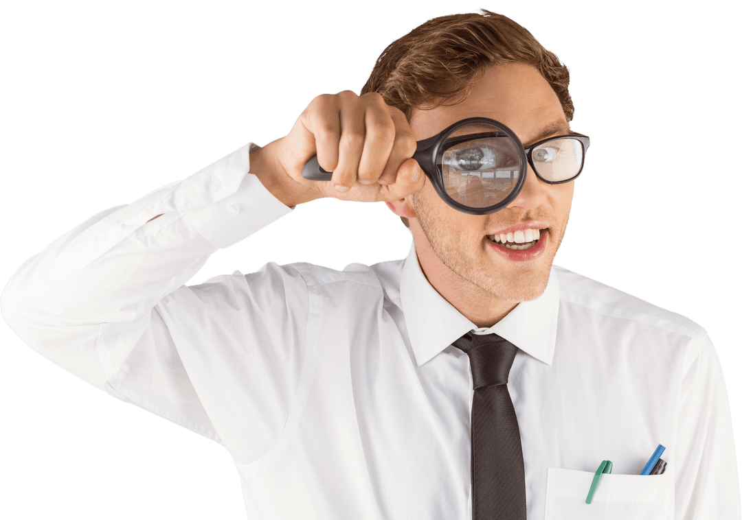 Transparent Geeky Businessman with Magnifying Glass Exploring