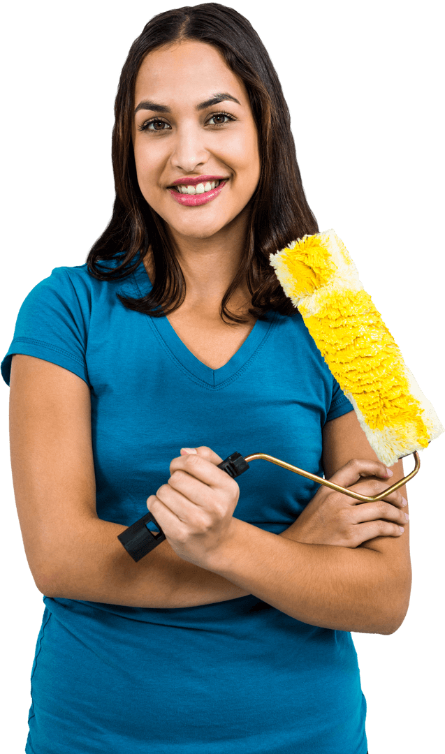 Smiling Woman Holding Yellow Paint Roller on Transparent Background