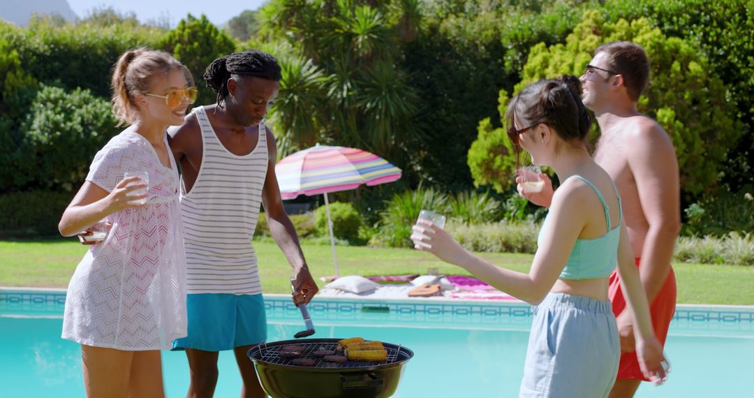 Diverse Friends Enjoying Poolside Barbecue Gathering