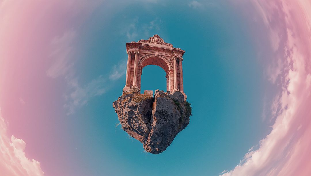 Surreal Floating Arch on Rocky Island Amid Clear Sky