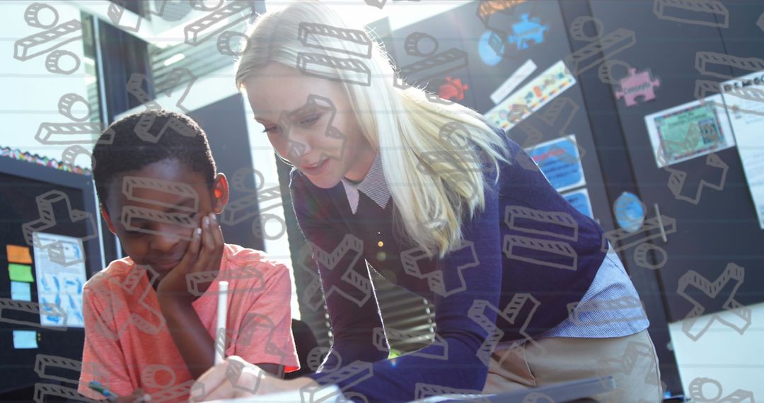 Teacher Instructing Student With Mathematical Concepts Overlay