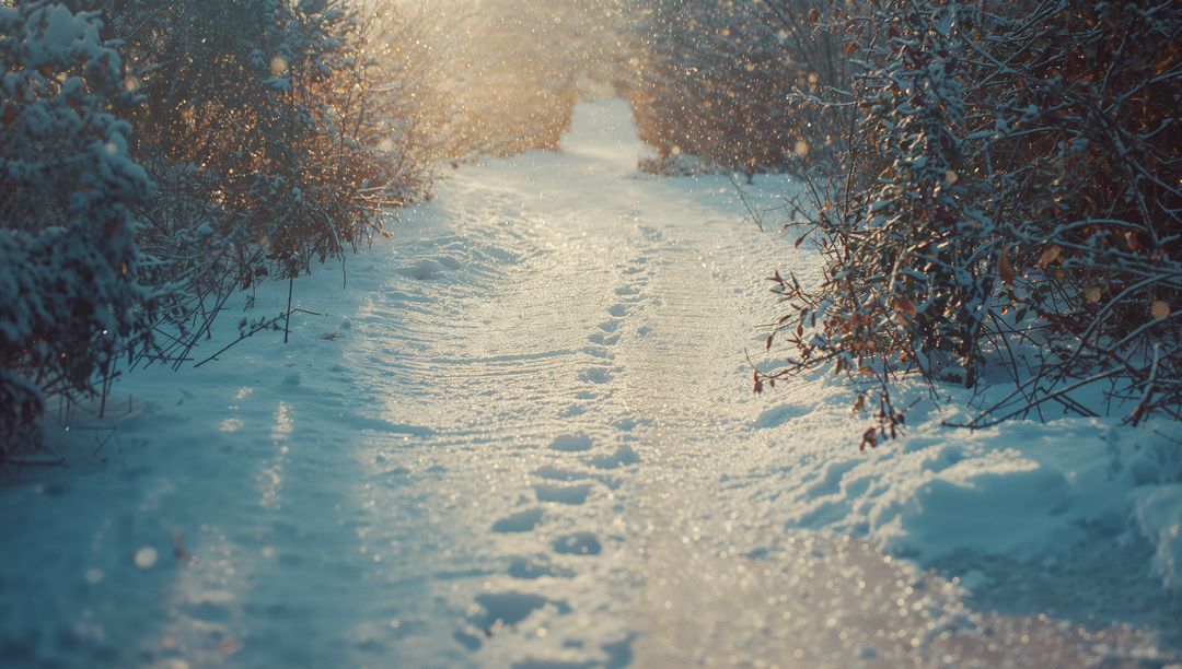 Snowy Path with Footprints in Sun-Dappled Woodland