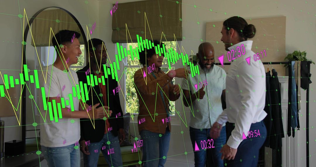 Friends trying on wristwatch with candlestick overlay blending fashion and finance