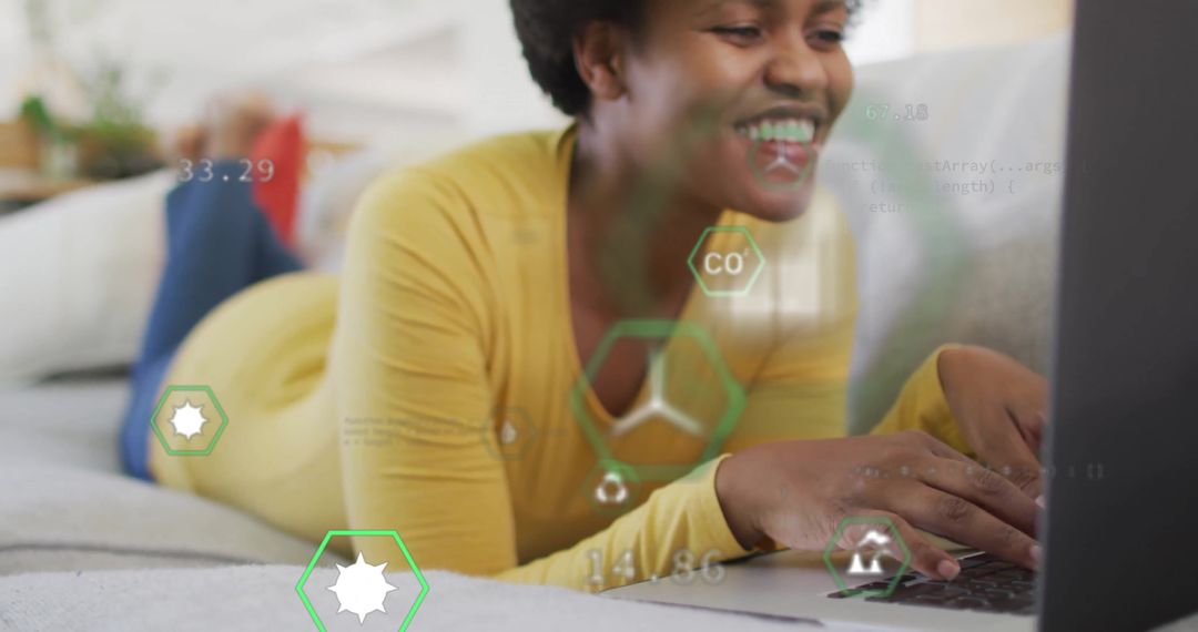 Woman Using Laptop Surrounded by Digital Media Icons and Data Overlays