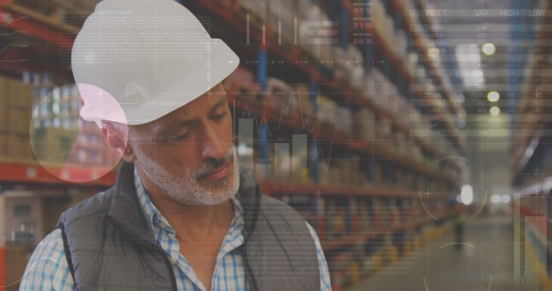 Warehouse Worker Analyzing Digital Data with Algorithm Graphics - Free Images, Stock Photos and Pictures on Pikwizard.com