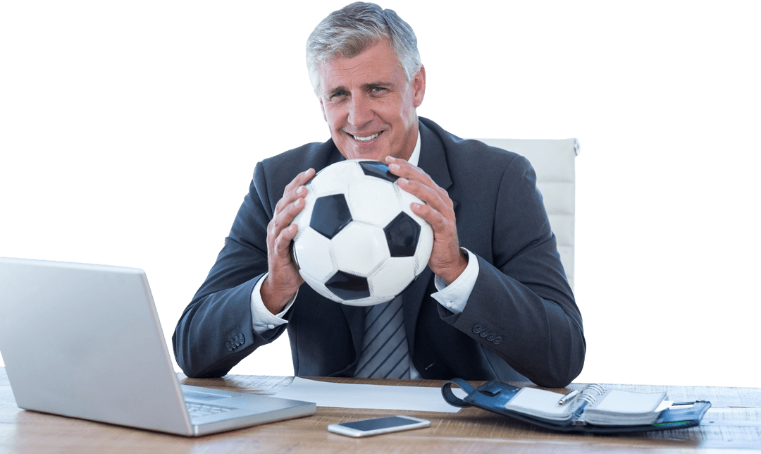 Smiling Businessman Holding Soccer Ball in Transparent Office Setting