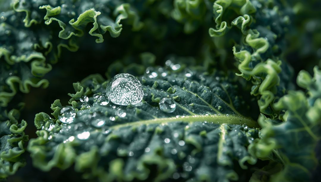 Close-Up of Kale Leaf with Water Droplets Capturing Freshness
