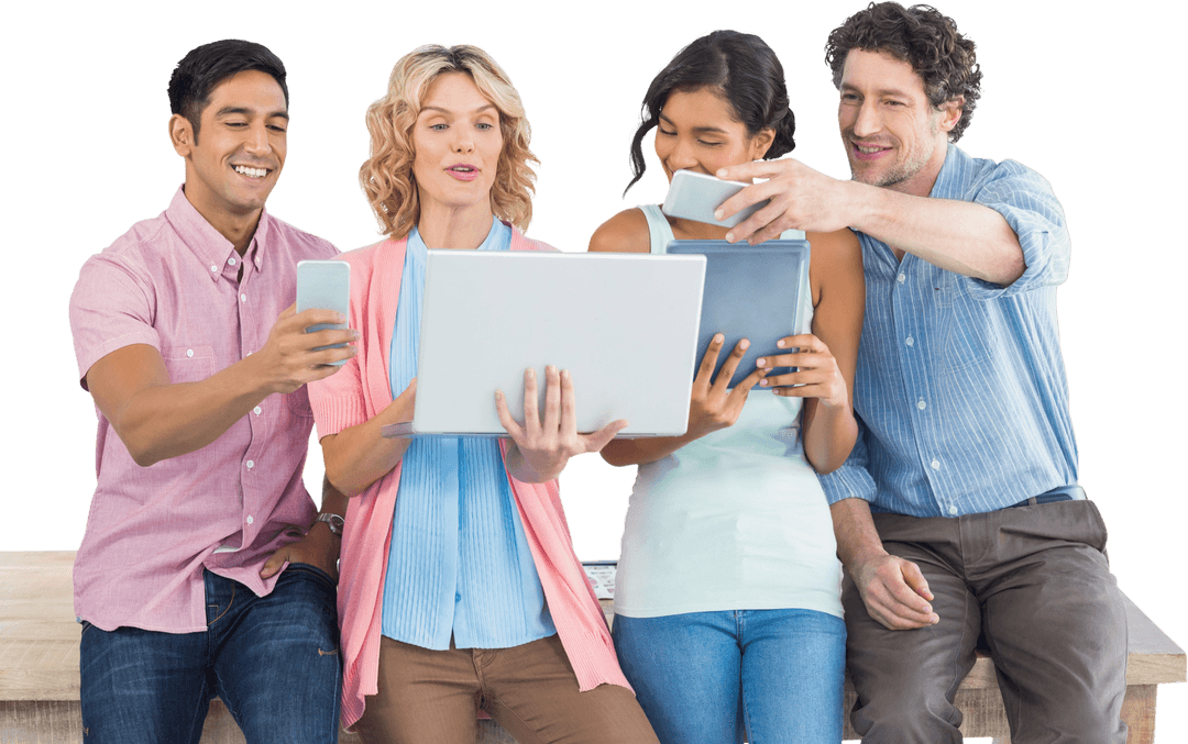 Diverse Team Engaging with Transparent Tech Devices