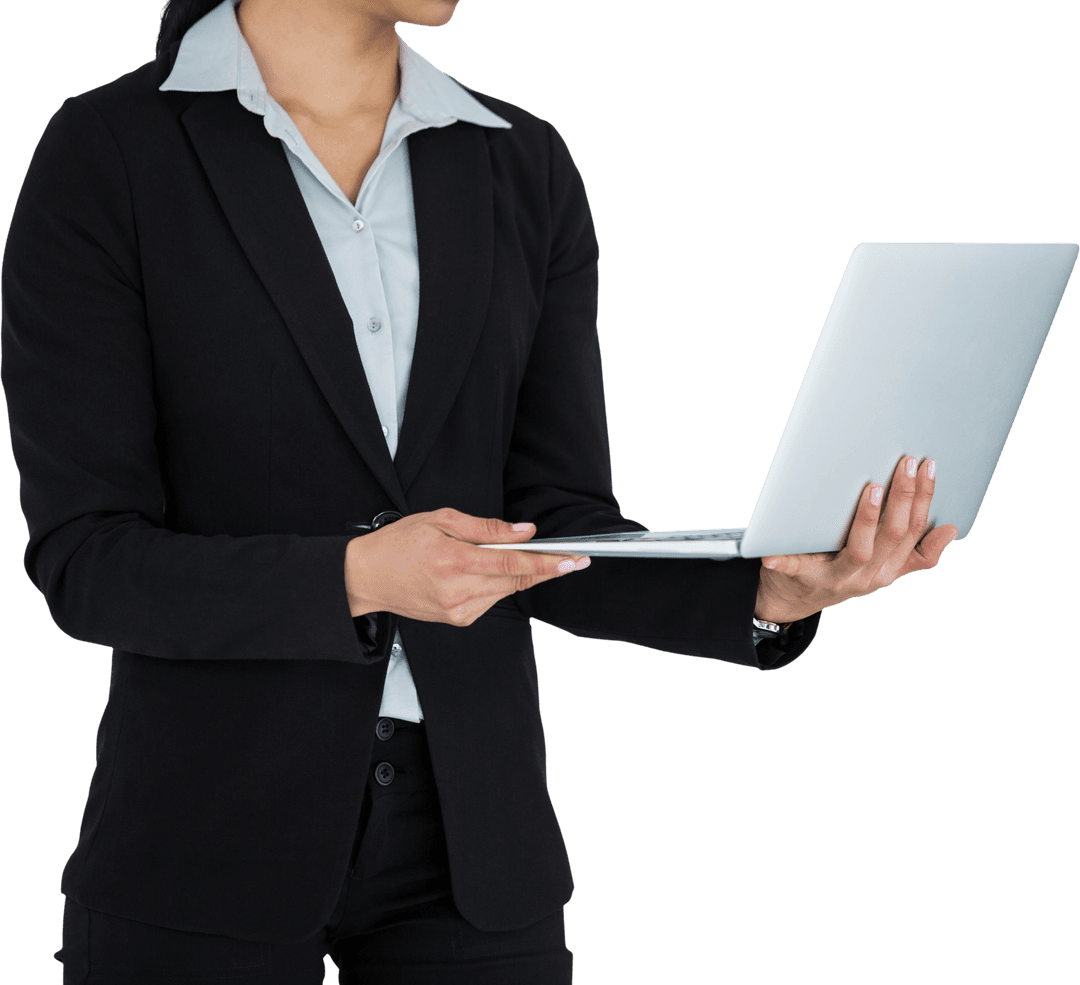 Transparent Businesswoman Holding Laptop Offering Remote Solutions