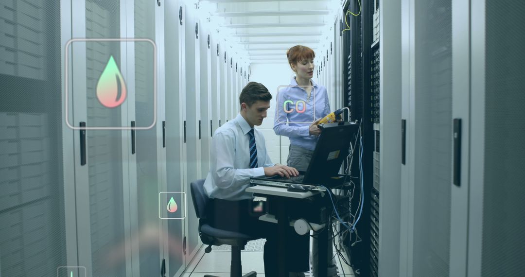 Business Professionals Managing Data Center with Digital Interface