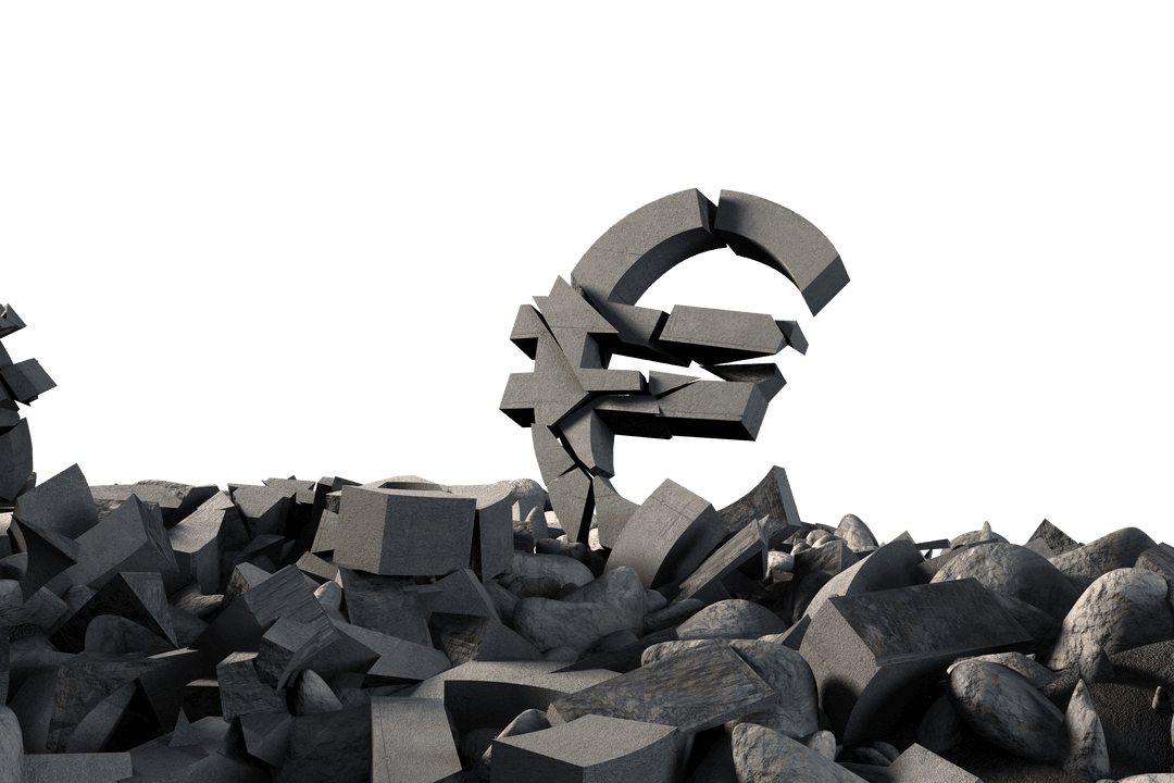 Rocks and Shattered Euro Symbol on Transparent Background