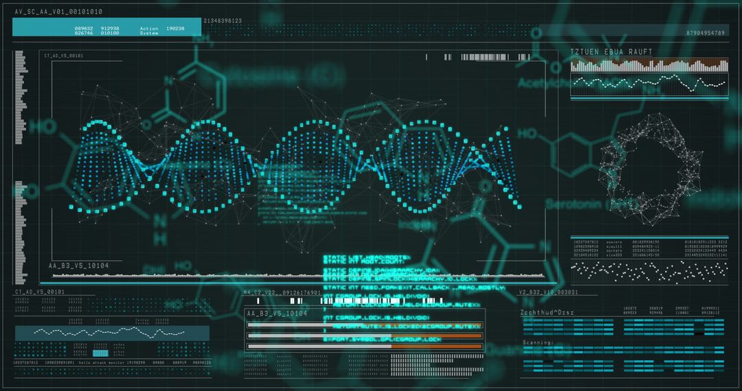 Digital DNA and Brain Data Interface Display in Dark Theme