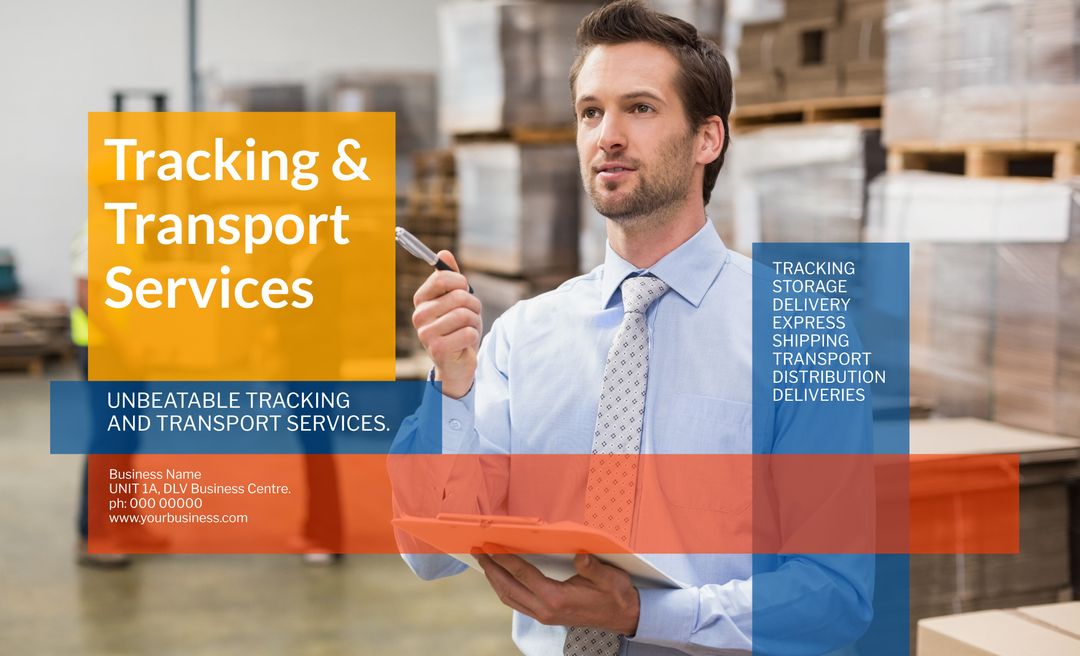 Logistics professional in warehouse promoting transport services
