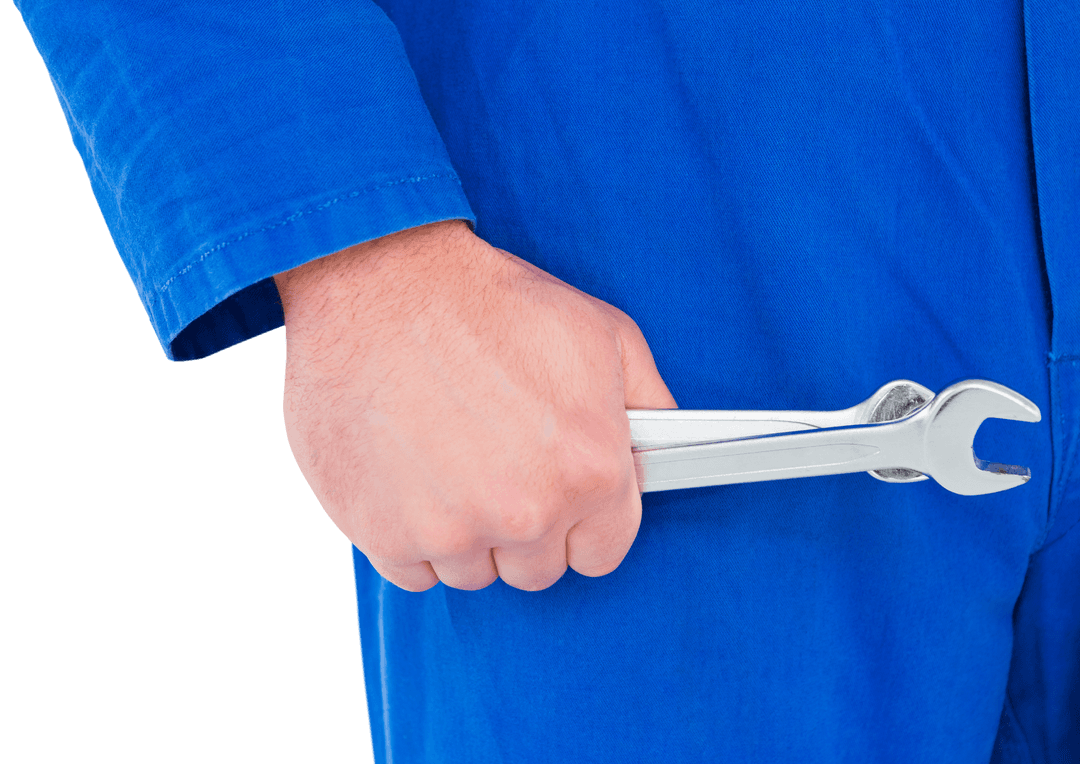 Transparent Close-Up of Mechanic Holding Spanners in Blue Uniform