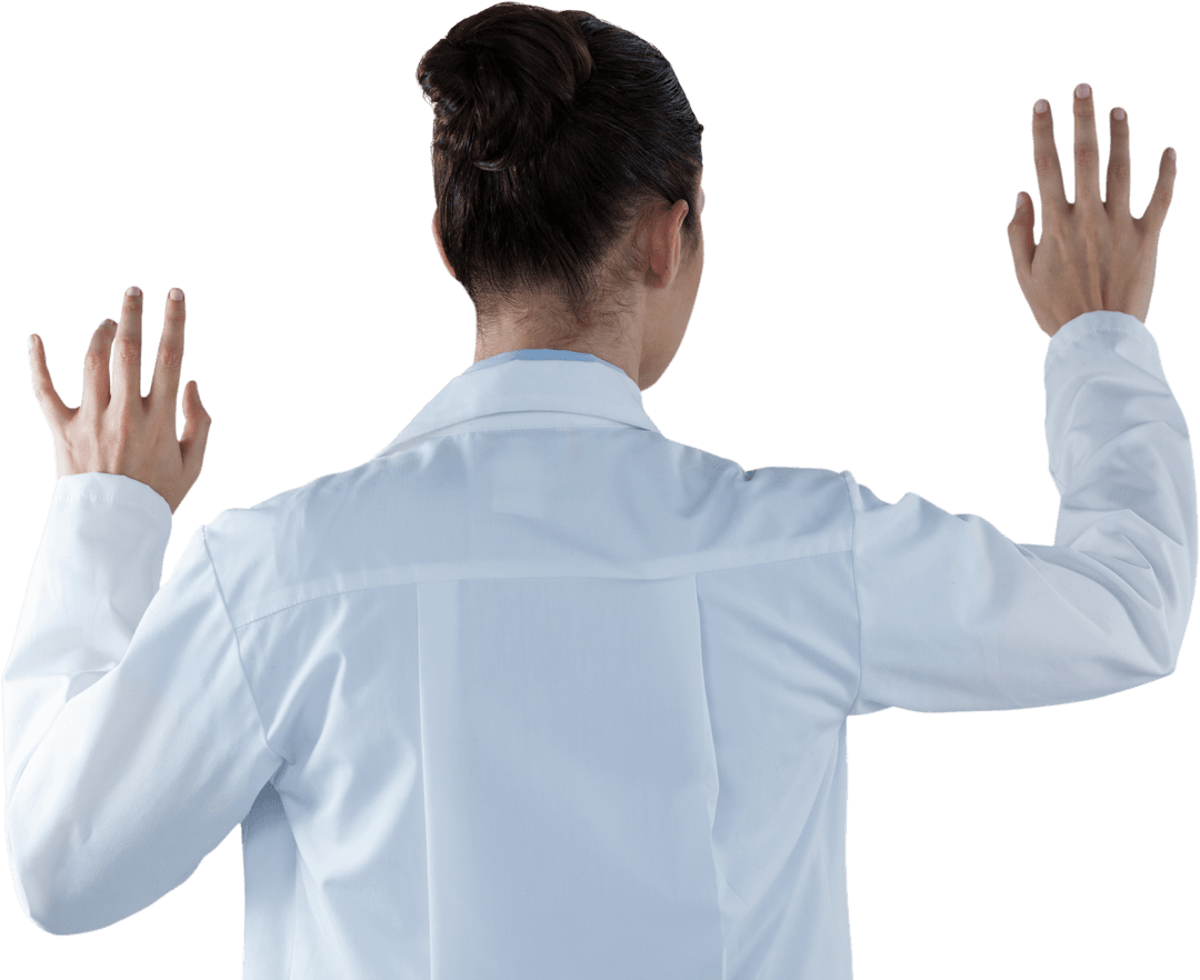 Rear View Female Doctor Using Transparent Digital Interface