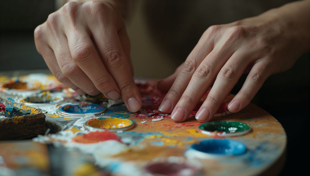 Closeup Hands Mixing and Scraping Colorful Paint on Wooden Palette with Palette Knife