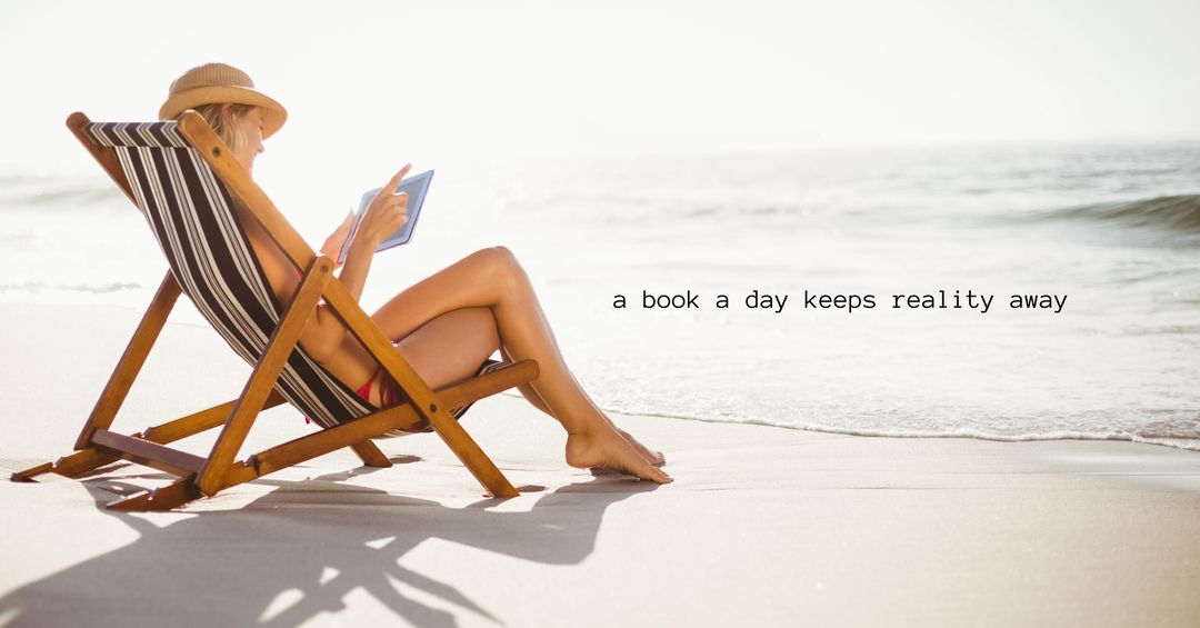 Woman Relaxing on Beach Lounger with Book by Ocean