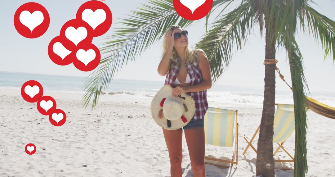 Woman Enjoying Beach Vacation as Love Icons Float Awaken Beauty Audience