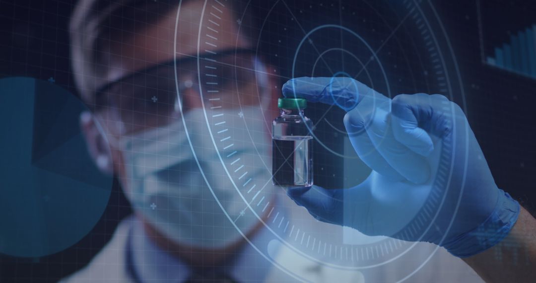 Scientist Examining Vaccine with Futuristic Interface Overlay