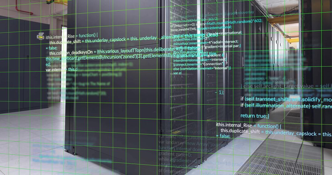 Digital Codes Overlaying Server Room Indicating Networking Technology