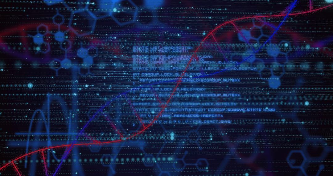 Digital DNA Helix on Tech Interface with Data Code Overlay
