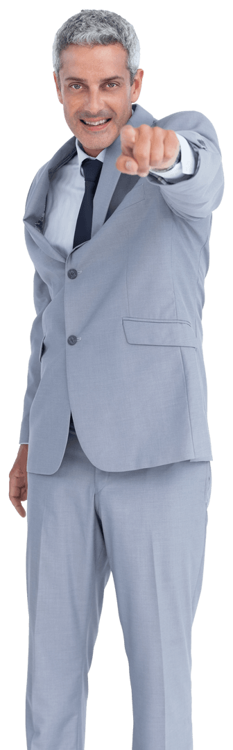 Transparent Cheerful Businessman Energetic Pointing Gesture