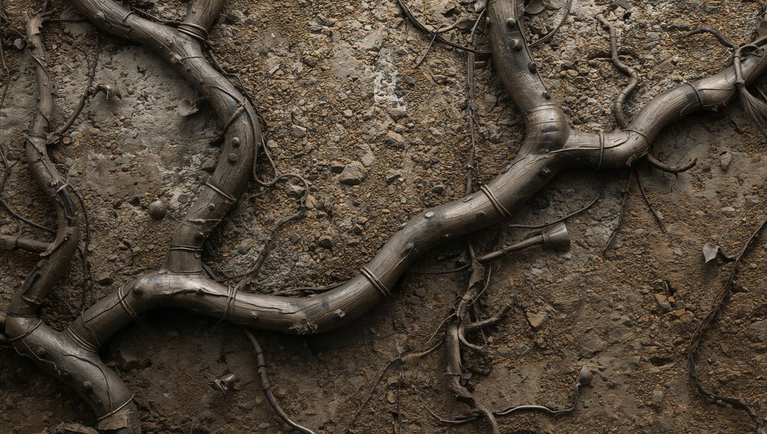 Gnarled Root Running Across Weathered Forest Floor With Tangled Rootlets and Pebbles