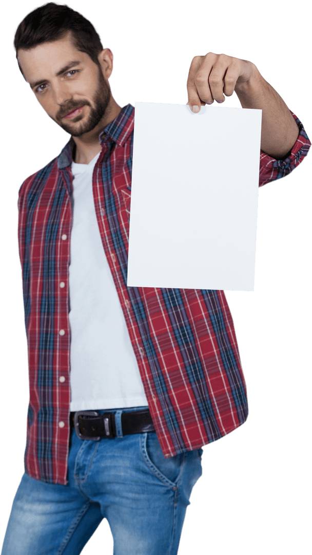 Confident Male Holding Blank Transparent Sign Isolated