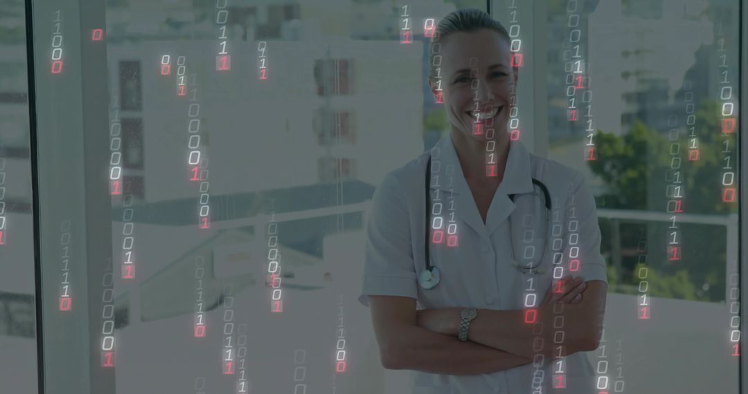 Doctor in White Coat with Binary Code Overlay Showing Innovation in Healthcare