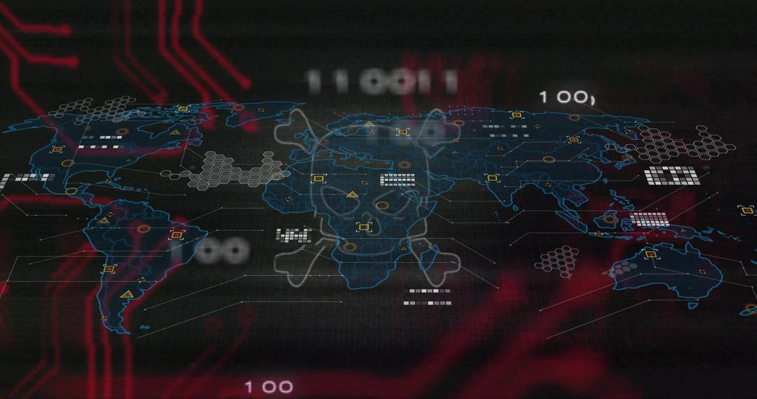 Global cyber threat map showing skull and crossbones holographic dashboard with neon nodes