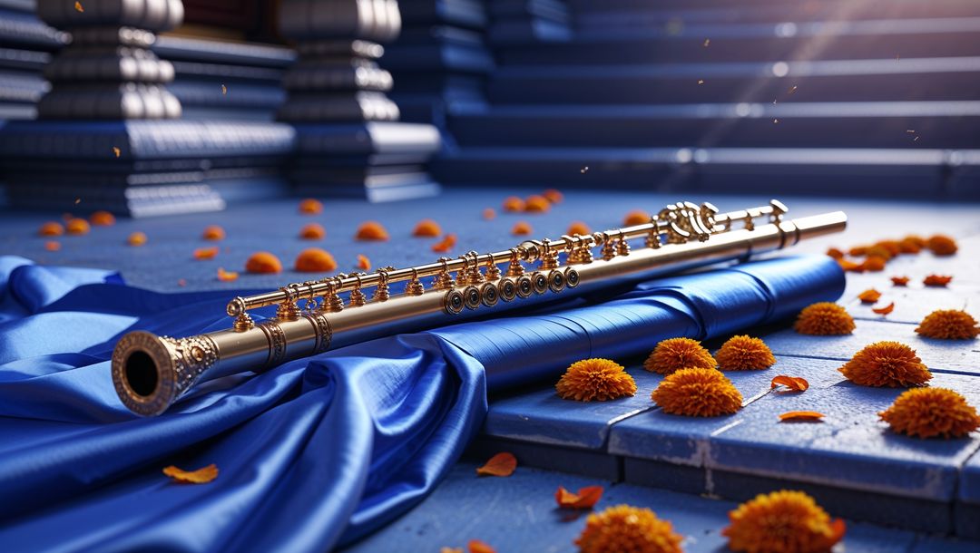 Ornate golden flute of krishna on silk with marigolds in temple courtyard