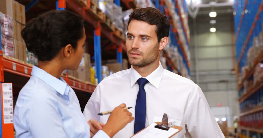 Warehouse Workers Having Team Discussion Amidst Shelves