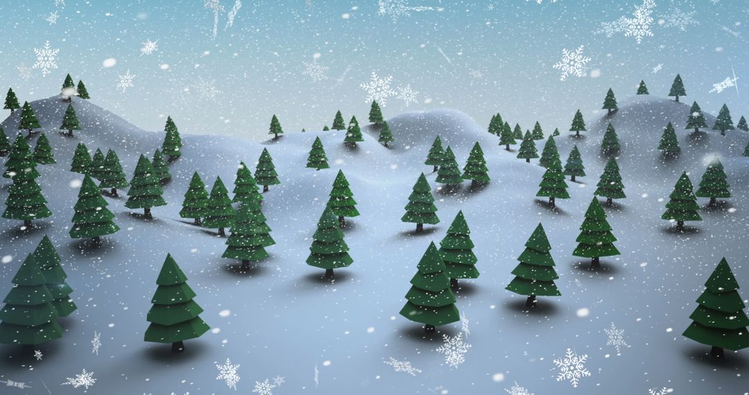 Wintry Landscape with Snow-Covered Trees and Falling Snowflakes