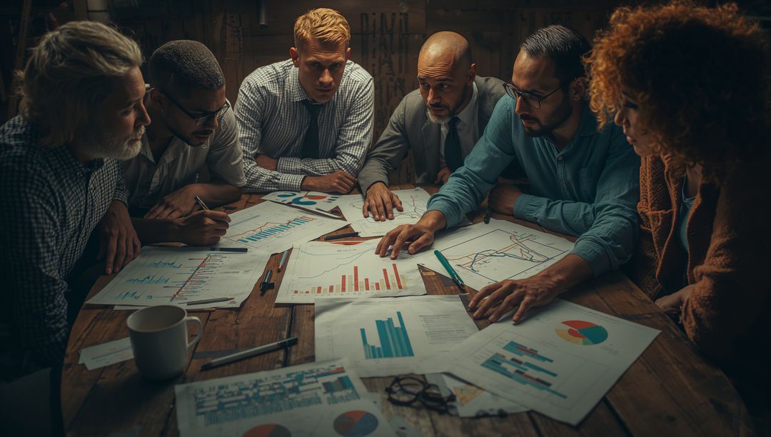 Diverse Team Analyzing Charts in Strategy Meeting Room