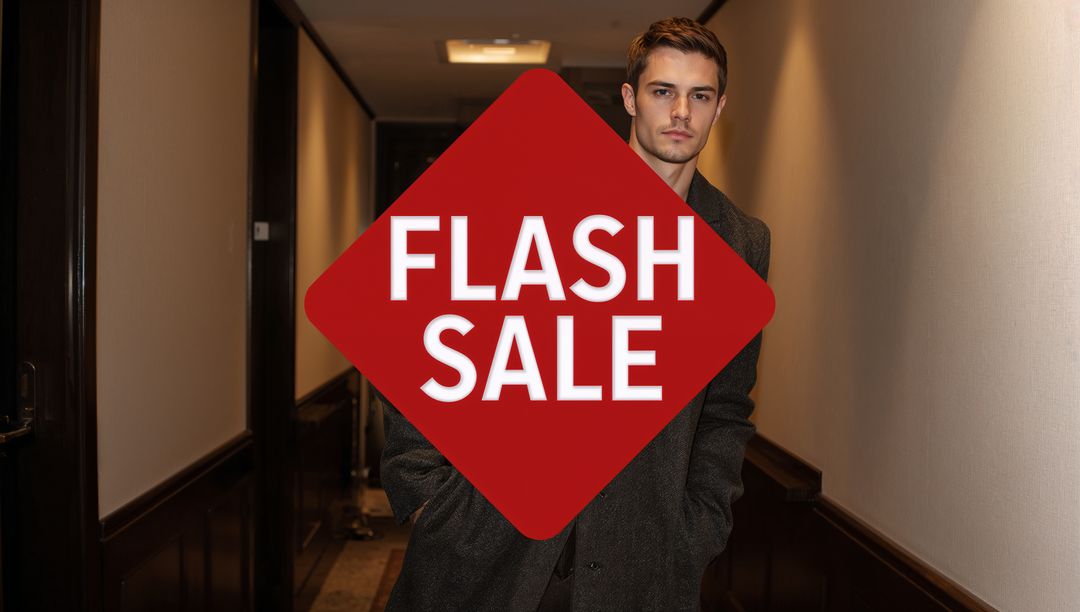 Man in Overcoat with FLASH SALE Text Overlay in Corridor