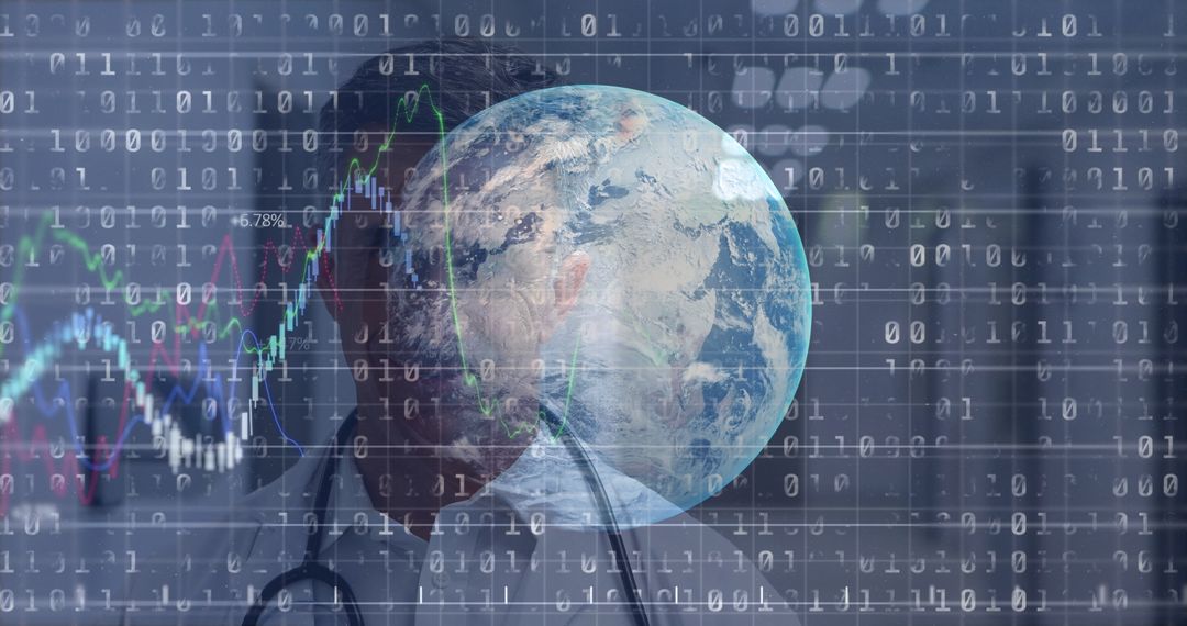 Caucasian Doctor Facing Digital World with Data Overlay and Global Insights