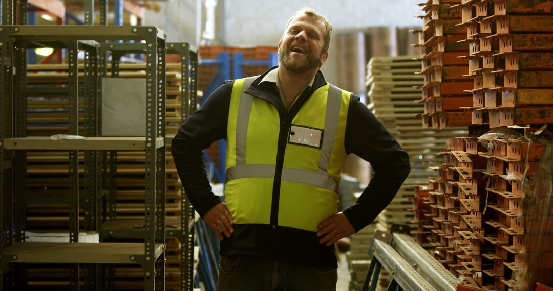 Smiling Warehouse Worker in High Visibility Vest Taking a Break - Free Images, Stock Photos and Pictures on Pikwizard.com