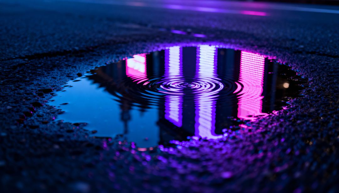 Reflecting Neon Ripples on Wet Asphalt at Night