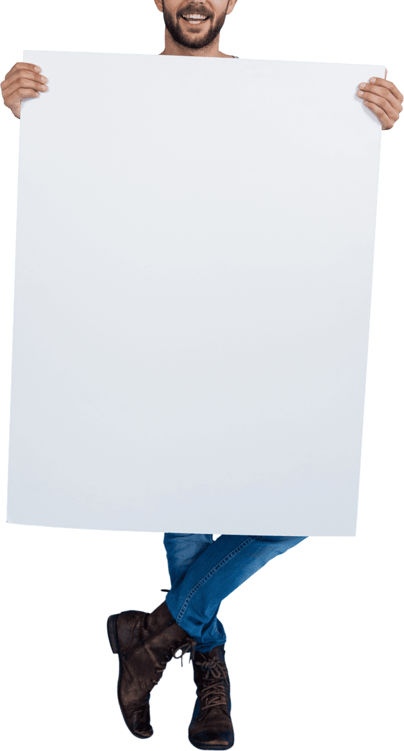 Man Holding Large Transparent Blank Signage Cardboard On White Background