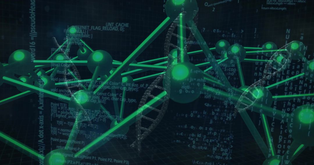 Neon Molecular Network Twisting with DNA Helix and Cyber Code 3D Visualization