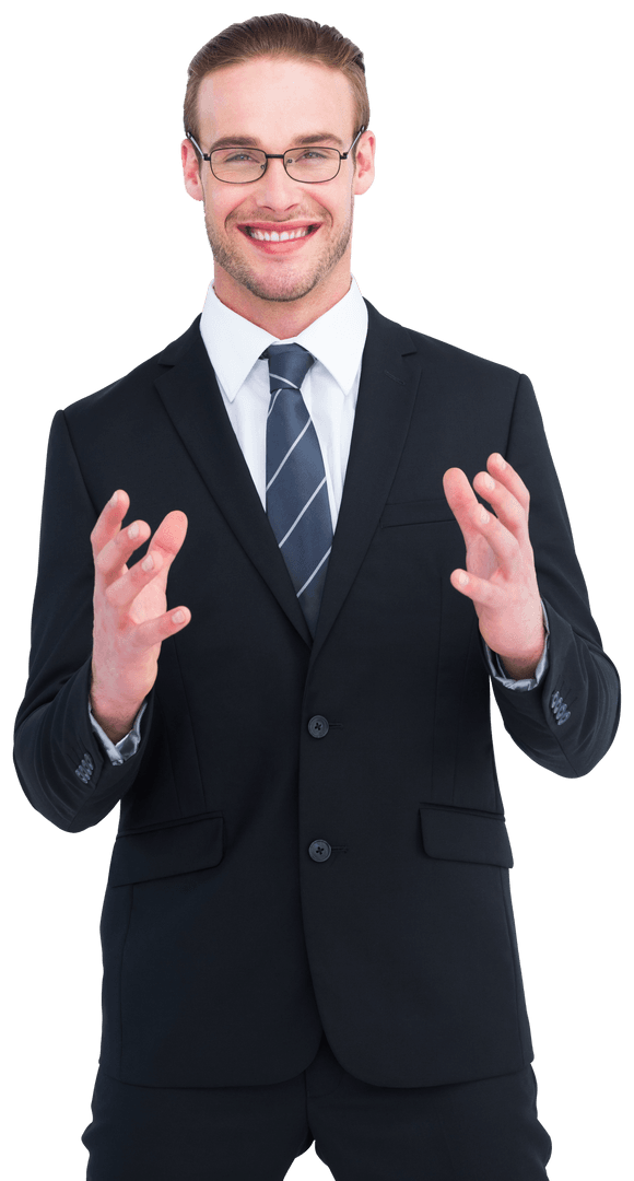 Transparent Smiling Businessman Gesturing in Suit and Tie