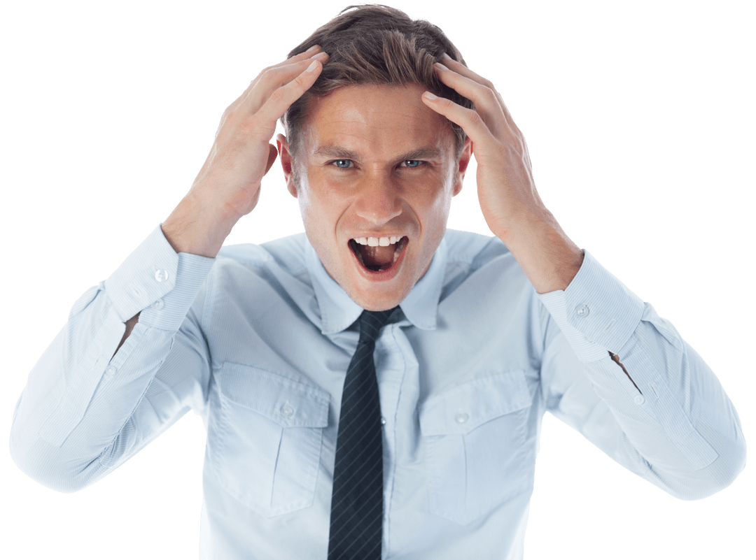 Frustrated Businessman on Transparent Background Hands on Head