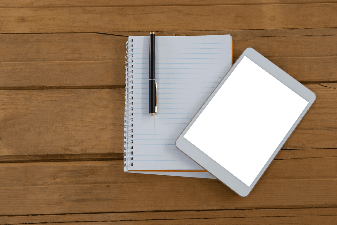 Transparent Tablet and Notepad Set on Wooden Plank