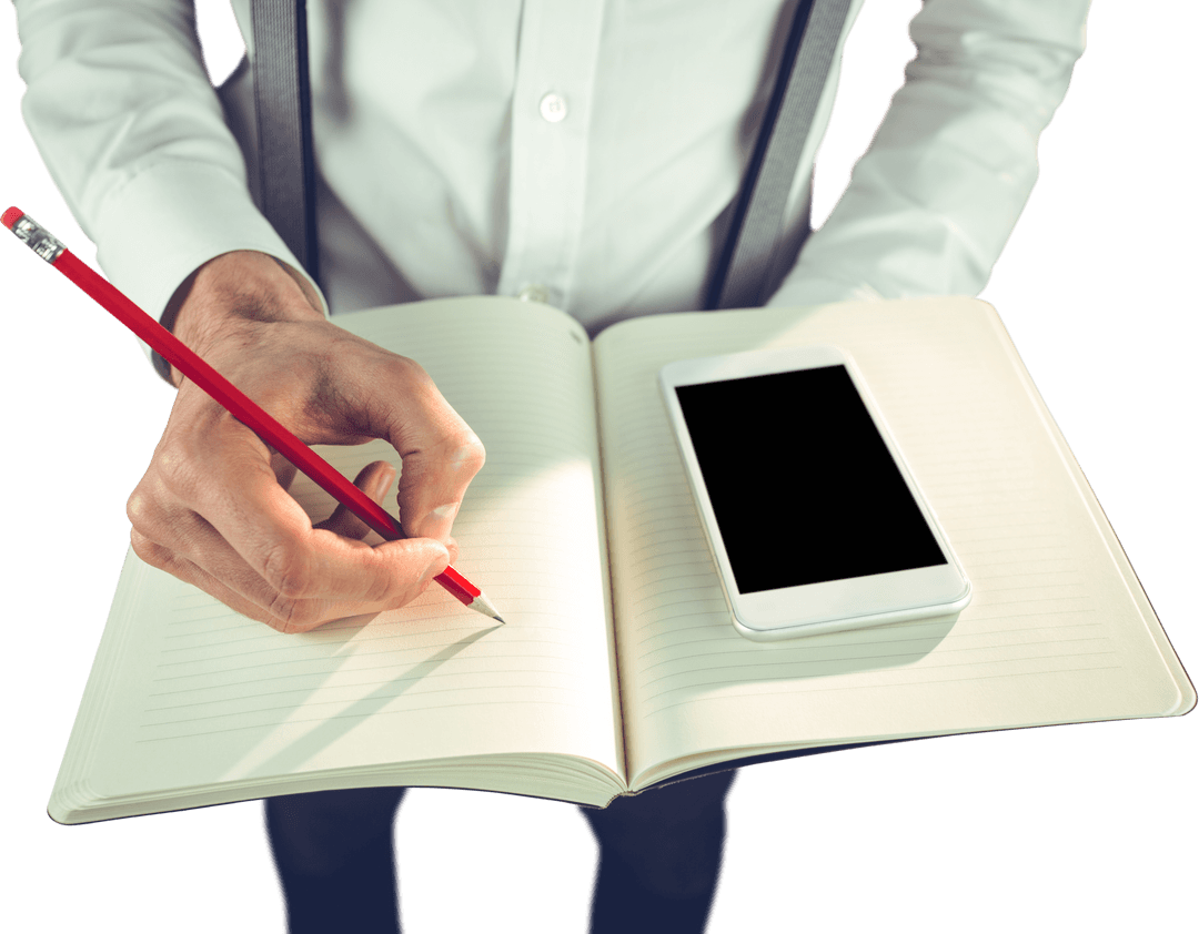 Transparent Mid Section of Man Writing with Mobile Phone on Notebook