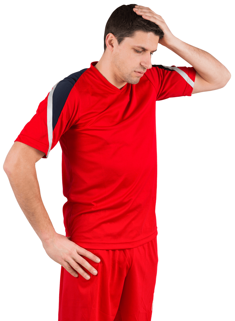 Disappointed Soccer Player in Red Uniform Transparent Background
