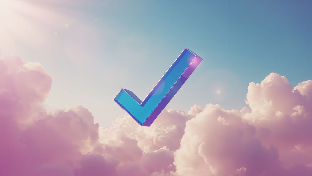 Floating 3D Check Mark Icon Amidst Pastel Clouds in Sunny Sky