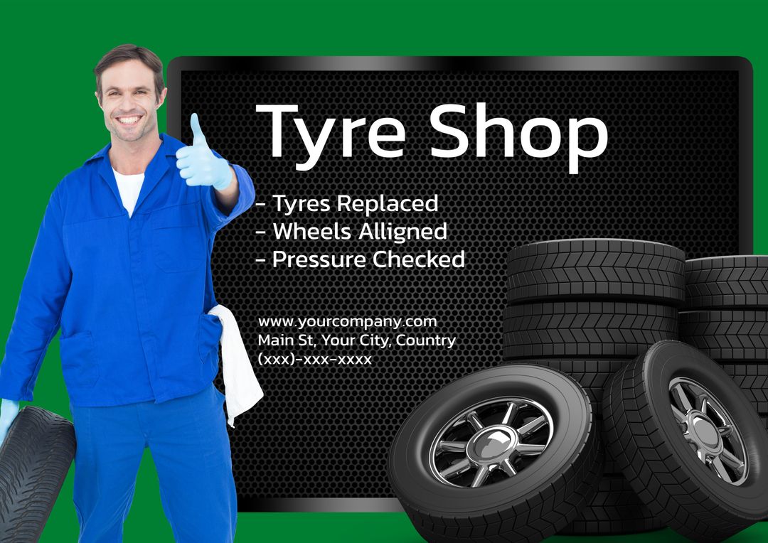 Smiling Mechanic Promotes Tyre Shop Services for Ads and Flyers - Download Free Stock Templates Pikwizard.com