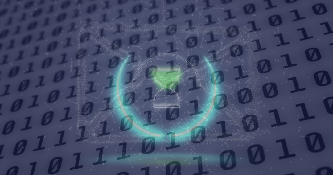 Neon hourglass and binary code on digital interface